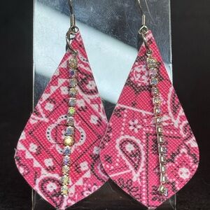 Chic Pink Paisley Faux Leather Earrings with Rhinestones